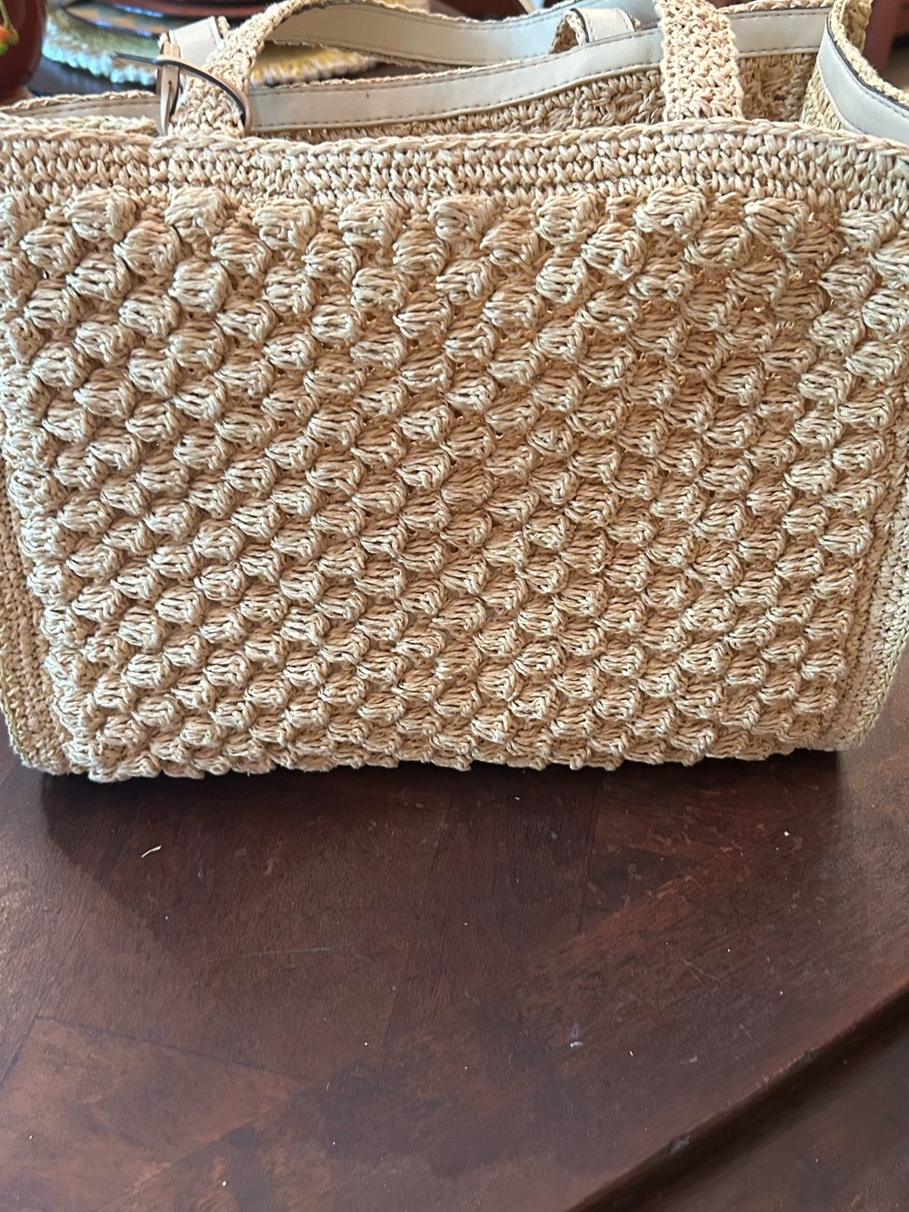 Tory Burch Small. Raffia -Crocheted Popcorn Tote in Natural Beige - Picture 8 of 12